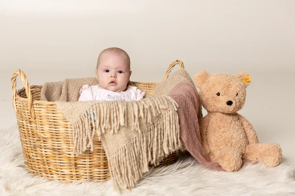 Natürliches Babyfoto in Zofingen mit Baby im Korb, Teddybär und sanfter Studioatmosphäre