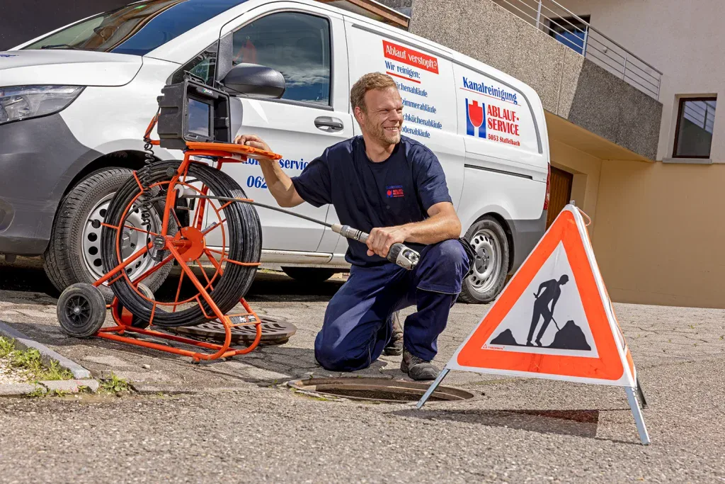 Servicetechniker kniet neben einer Kanalkamera und einem Einsatzfahrzeug bei einer Kanalinspektion in Zofingen.