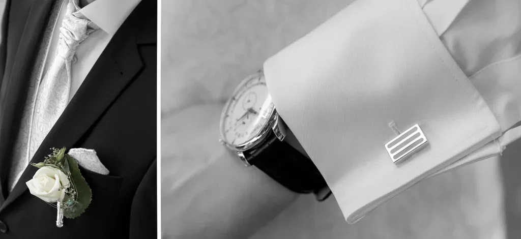 Hochzeitsdetails des Bräutigams mit Anzug, Manschettenknopf, Uhr und Boutonniere.