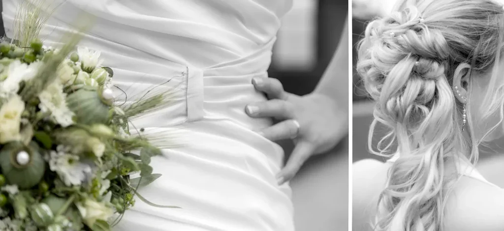 Detailcollage mit Brautkleid, Brautstrauss und Hochzeitsfrisur in Schwarz-Weiss.